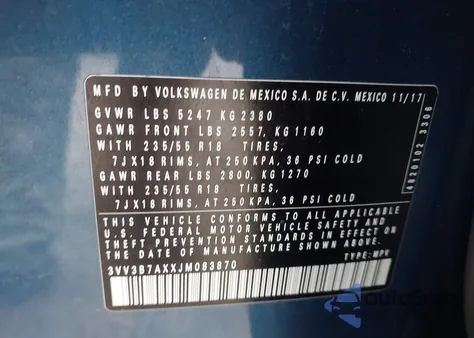 2018 Volkswagen Tiguan 2.0T Se/2.0T Sel from USA, damaged, VIN 3VV3B7AXXJM083870